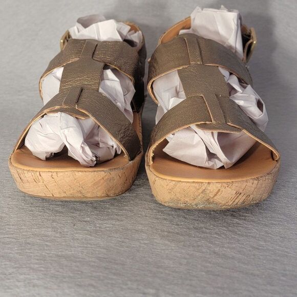 Korks Kork Ease Sherlyn Wedge Sandals 40.5 US 9 Gold Leather Platform Strap - Picture 3 of 12